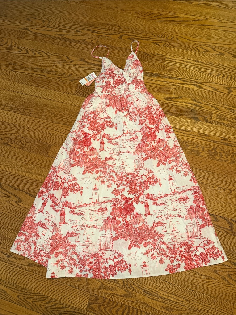 Vineyard Vines Red and White Toile Maxi Dress with Adjustable Spaghetti Straps